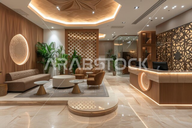التصميم الراقي لردهة ومدخل الاستقبال في الفندق، لوبي اوتيل بديزاينات عصرية حديثه، مكاتب وشركات تجارية في المملكة العربية السعودية، الواجهات الزجاجية الضخمة، التصاميم والديكورات الداخلية للفنادق والمنتجعات الفاخرة