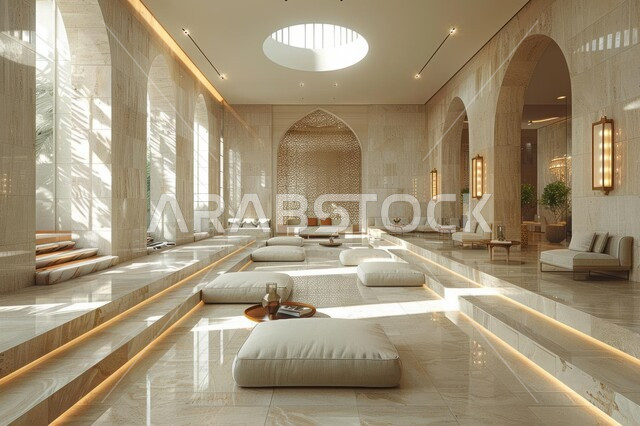 تصميم عصري حديث لغرفة جلوس، صالة مجهزة بأثاث عربي فاخر ووسائد بيضاء، غرف بتصاميم داخلية وديكورات متميزة في المملكة العربية السعودية, الواجهات والنوافذ الزجاجية الضخمة