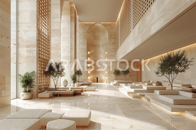 تصميم عصري حديث لغرفة جلوس، صالة مجهزة بأثاث عربي فاخر ووسائد بيضاء، غرف بتصاميم داخلية وديكورات متميزة في المملكة العربية السعودية, الواجهات والنوافذ الزجاجية الضخمة