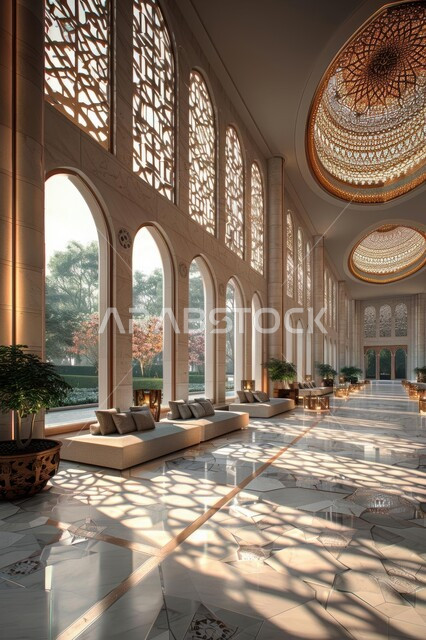 Interior designs and decorations for luxury hotels and resorts in the Kingdom of Saudi Arabia, the elegant design of the company’s lobby and reception entrance, a hotel lobby with modern modern designs and glass windows, distinctive lighting and lights