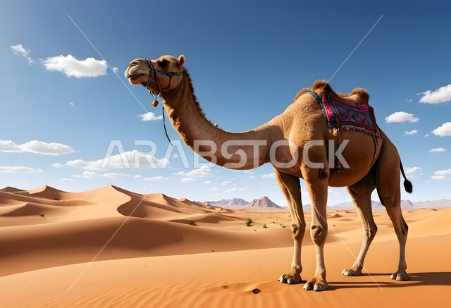 تربية الناقة العربية في البادية، صورة ثلاثية الأبعاد لحيوان الابل في المناطق الصحراوية في المملكة العربية السعودية، استخدام الحيوانات للتنقل والترحال من مكان الى اخر في البادية، الحياة البدوية الشعبية التقليدية, الرمال الذهبية الناعمة، خلفية الطبيعة