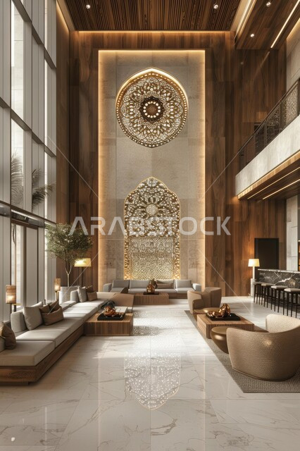 Elegant living rooms, interior designs and decorations for luxury hotels and resorts in the Kingdom of Saudi Arabia, the elegant design of the company’s lobby and reception entrance, a hotel lobby with modern designs and glass windows