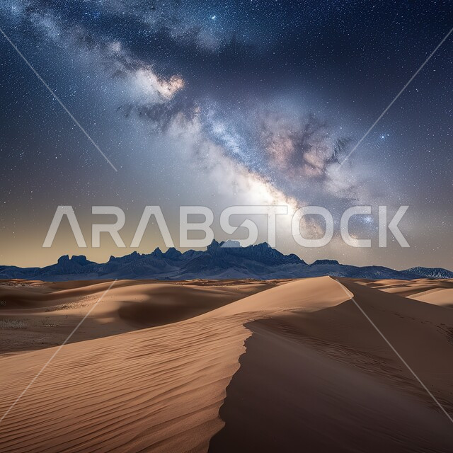 Mountains and highlands of the Kingdom of Saudi Arabia at night time, terrain, plateaus and hills of golden sand in the desert environment, the Milky Way galaxy and bright stars in the Saudi sky, soft sand dunes, natural mountain rock formations, nature background