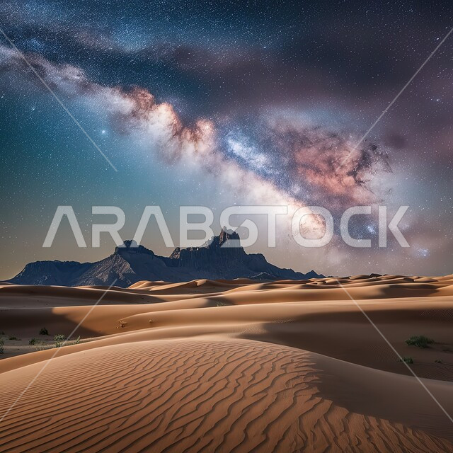 مجرة درب التبانة والنجوم اللامعة في سماء السعوديه، جبال ومرتفعات المملكة العربية في وقت الليل، التضاريس والهضاب و التلال من الرمال الذهبية في البيئة الصحراوية، الكثبان الرملية الناعمه، التكوينات الصخرية الجبلية الطبيعية، خلفية الطبيعة