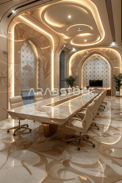 غرفة اجتماعات بتصاميم داخلية وديكورات متميزة، غرف مجهزة بطاولة وأثاث فاخر، تصميم عصري حديث لمكتب في المملكة العربية السعودية, الاهتمام بنباتات الزينة الخضراء، الإضاءة والأنوار المتميزة
