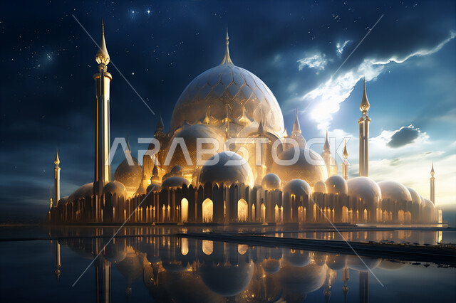 أماكن العبادة والتقرب إلى الله، أداء الفرائض والصلوات, منظر الغيوم في السماء, الفن الهندسي المعماري للمساجد, ديكورات وتصاميم متميزة على الطراز الإسلامي للقبب و المآذن، رسم ثلاثي الأبعاد لمسجد عربي فاخر، خلفيات دينية إسلامية