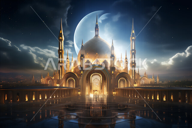 رسم ثلاثي الأبعاد لمسجد عربي فاخر، أماكن العبادة والتقرب إلى الله، أداء الفرائض والصلوات, منظر القمر في السماء, الفن الهندسي المعماري للمساجد, ديكورات وتصاميم متميزة على الطراز الإسلامي للقبب و المآذن، خلفيات دينية إسلامية