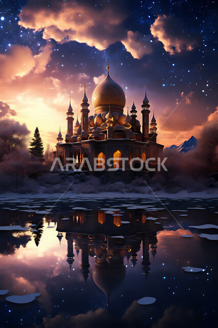 أداء الفرائض والصلوات, ديكورات وتصاميم متميزة على الطراز الإسلامي للقبب و المآذن، رسم ثلاثي الأبعاد لمسجد عربي فاخر، أماكن العبادة والتقرب إلى الله، منظر الغيوم في السماء, الفن الهندسي المعماري للمساجد، خلفيات دينية إسلامية