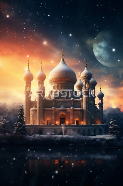 Distinctive decorations and designs in the Islamic style for domes and minarets, a three-dimensional drawing of a luxurious Arab mosque, places of worship and getting closer to God, performing obligatory duties and prayers, the view of the moon in the sky, architectural engineering art of mosques, Islamic religious backgrounds