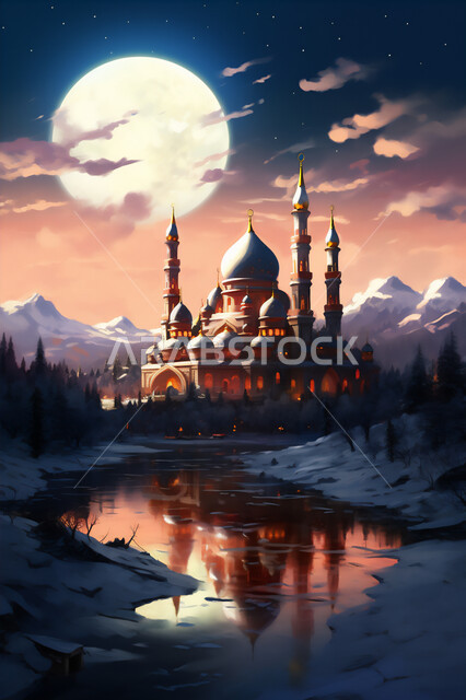 الفن الهندسي المعماري للمساجد، ديكورات وتصاميم متميزة على الطراز الإسلامي للقبب و المآذن، رسم ثلاثي الأبعاد لمسجد عربي فاخر، أماكن العبادة والتقرب إلى الله، أداء الفرائض والصلوات, منظر القمر في السماء، خلفيات دينية إسلامية
