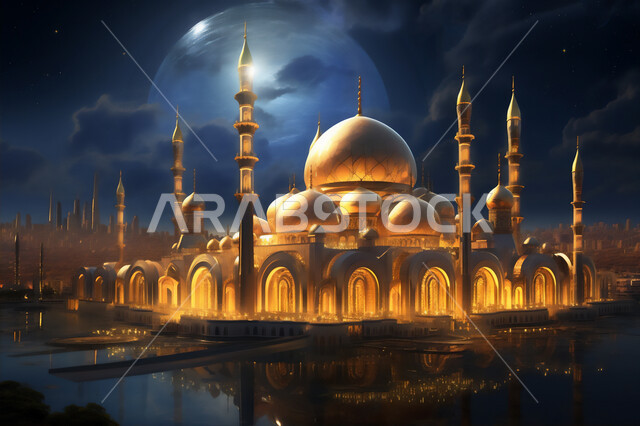 رسم ثلاثي الأبعاد لمسجد عربي مضيء فاخر، الفن الهندسي المعماري للمساجد، ديكورات وتصاميم متميزة على الطراز الإسلامي للقبب و المآذن، أماكن العبادة والتقرب إلى الله، أداء الفرائض والصلوات، خلفية السماء ليلاً