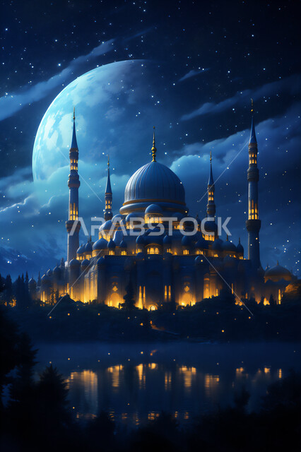 أداء الفرائض والصلوات، القبب والمآذن المتميزة, منظر القمر في السماء, الفن الهندسي المعماري لبناء المساجد, رسم ثلاثي الأبعاد لمسجد مضاء في الليل,  ديكورات وتصاميم على الطراز الإسلامي, أماكن العبادة والتقرب إلى الله، خلفيات دينية إسلامية