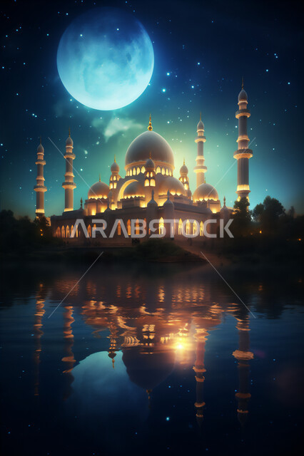 أماكن العبادة والتقرب إلى الله، أداء الفرائض والصلوات، القبب والمآذن المتميزة, منظر القمر في السماء, الفن الهندسي المعماري لبناء المساجد, رسم ثلاثي الأبعاد لمسجد مضاء في الليل,  ديكورات وتصاميم على الطراز الإسلامي، خلفيات دينية إسلامية