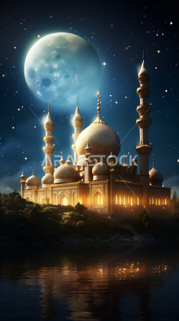  ديكورات وتصاميم على الطراز الإسلامي، أماكن العبادة والتقرب إلى الله، أداء الفرائض والصلوات، القبب والمآذن المتميزة, منظر القمر في السماء, الفن الهندسي المعماري لبناء المساجد, رسم ثلاثي الأبعاد لمسجد مضاء في الليل، خلفيات دينية إسلامية