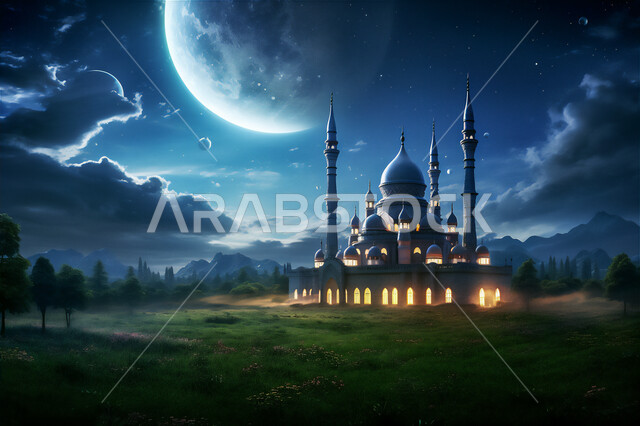 الفن الهندسي المعماري لبناء المساجد، رسم ثلاثي الأبعاد لمسجد مضاء في الليل، ديكورات وتصاميم على الطراز الإسلامي، أماكن العبادة والتقرب إلى الله، أداء الفرائض والصلوات، القبب والمآذن المتميزة, منظر القمر في السماء، خلفيات دينية إسلامية