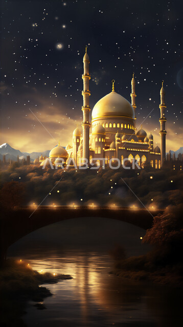 القبب والمآذن المتميزة, رسم ثلاثي الأبعاد لمسجد مضاء في الليل، ديكورات وتصاميم على الطراز الإسلامي، أماكن العبادة والتقرب إلى الله، أداء الفرائض والصلوات, منظر النجوم في السماء, الفن الهندسي المعماري لبناء المساجد، خلفيات دينية إسلامية