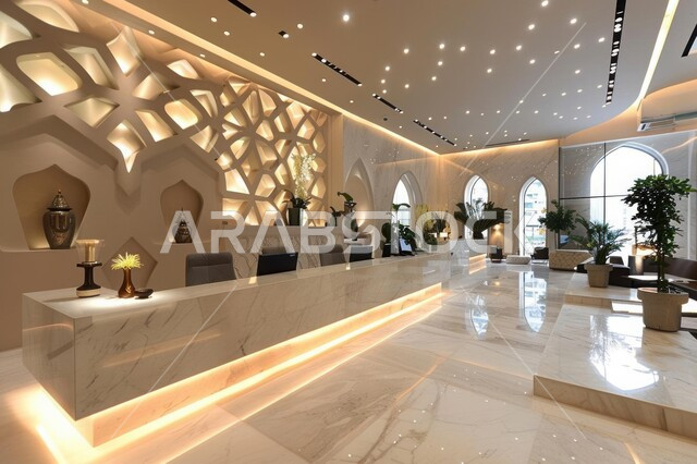 A lobby and reception entrance with a sophisticated design in one of ...