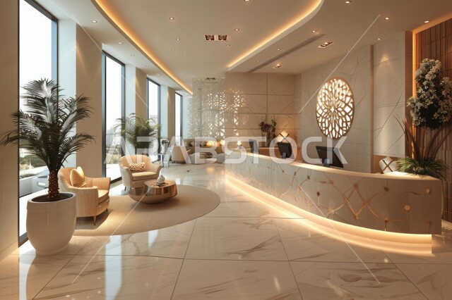 ردهة ومدخل استقبال بتصميم راقي في احدى الشركات، لوبي اوتيل بديزاينات عصرية حديثه، التصاميم والديكورات الداخلية للفنادق والمنتجعات الفاخرة في المملكة العربية السعودية، الإضاءة والأنوار المتميزة، الاهتمام بنباتات الزينة الخضراء