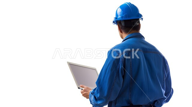 دمج العمل مع التكنولوجيا, دراسة أساسيات المشروع عبر التطبيقات والتقنيات الحديثة, إدارة المشاريع الهندسية, بورتريه مقرب من الخلف لمهندس عربي خليجي سعودي يرتدي الخوذة وسترة الحماية يمسك بيده جهاز الحاسوب المحمول, خلفية بيضاء