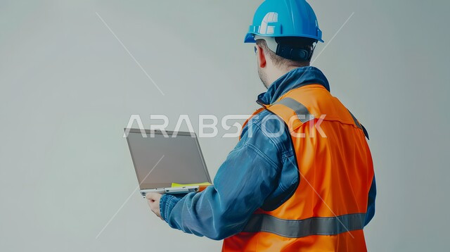 Studying the basics of the project through modern applications and technologies, engineering project management, integrating work with technology, close-up portrait from the back of a Saudi Gulf Arab engineer wearing a helmet and protective vest holding a laptop in his hand, gray background