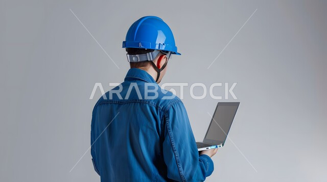 مخططات وتصاميم هندسية، دمج العمل مع التكنولوجيا, دراسة أساسيات المشروع عبر التطبيقات والتقنيات الحديثة, إدارة المشاريع الهندسية, بورتريه مقرب من الخلف لمهندس عربي خليجي سعودي يرتدي الخوذة وسترة الحماية يمسك بيده جهاز الحاسوب المحمول, خلفية رمادية