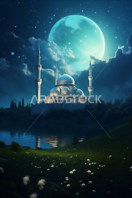 التقرب إلى الله تعالى بالعبادة و الصلاة، الديكورات والتصاميم الهندسية المعمارية لبناء المساجد في المملكة العربية السعودية, رسم ثلاثي الأبعاد لمسجد مضيء في وقت الليل, معالم دينية إسلامية مقدسة, المآذن والقبب على الطراز الإسلامي, خلفية القمر في السماء