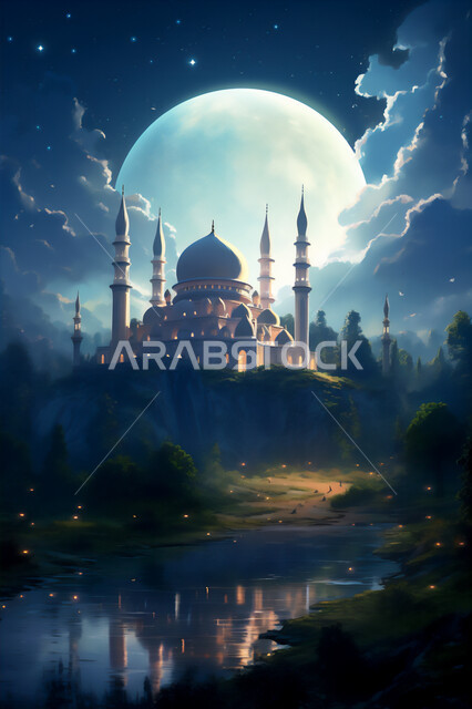المآذن والقبب على الطراز الإسلامي، التقرب إلى الله تعالى بالعبادة و الصلاة، الديكورات والتصاميم الهندسية المعمارية لبناء المساجد في المملكة العربية السعودية, رسم ثلاثي الأبعاد لمسجد مضيء في وقت الليل, معالم دينية إسلامية مقدسة, خلفية القمر في السماء