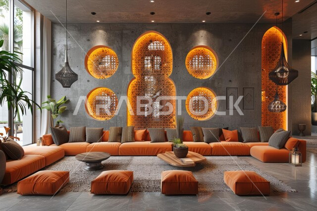 تصميم عصري حديث لغرفة جلوس، صالة مجهزة بأثاث فاخر وأنيق، غرف بتصاميم داخلية وديكورات متميزة في المملكة العربية السعودية, الواجهات والنوافذ الزجاجية الضخمة، الاهتمام بنباتات الزينة الخضراء