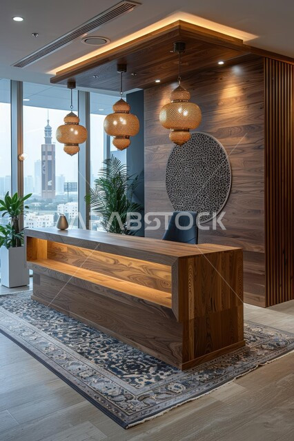 غرف مكتبية بتصاميم داخلية وديكورات متميزة، تصميم عصري حديث لمكتب في المملكة العربية السعودية, الثريات والأضواء والإنارة، غرفة مجهزة بأثاث فاخر، واجهات زجاجية ضخمة، الاهتمام بنباتات الزينة الخضراء