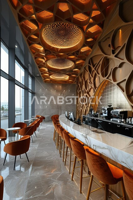 تصميم عصري حديث لبار رخامي، مطاعم وكافيهات بتصاميم داخلية وديكورات متميزة في المملكة العربية السعودية, الفن الهندسي المعماري على الطراز الحديث، أسقف خشبية مزخرفة، واجهات زجاجية ضخمة
