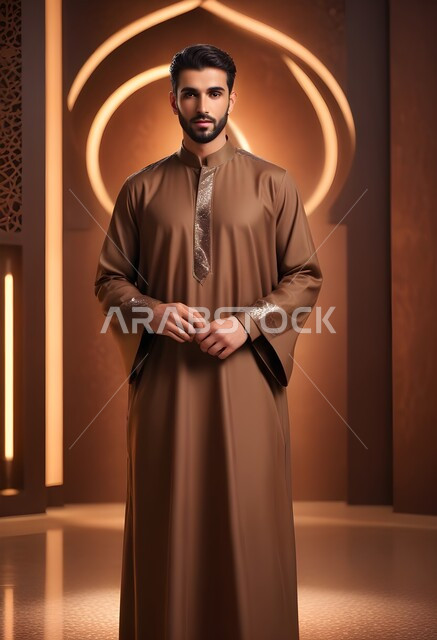 مفهوم الأناقة والرتابة عند الرجال، الاهتمام في المظهر الخارجي، صورة مقربة لشاب عربي سعودي خليجي يرتدي الثوب التقليدي يقف باستقامة بايدي متلامسة وينظر الى الكاميرا بايماءات الجدية، الأزياء السعودية التقليدية القديمة، تعابير الرجولة والقوة