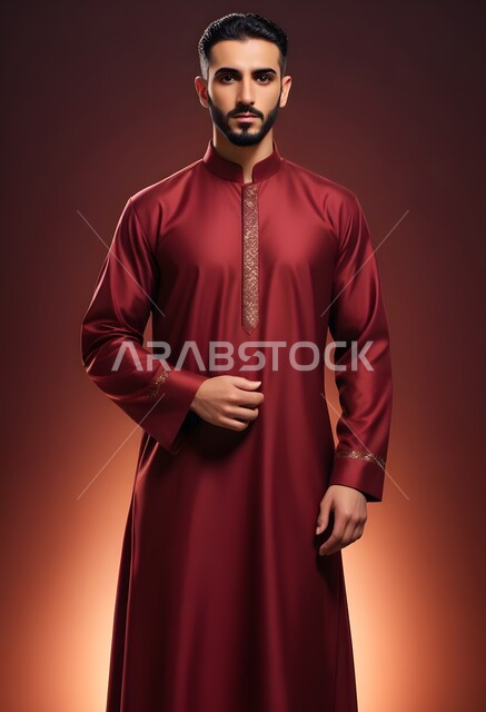 مفهوم الأناقة والرتابة عند الرجال، الاهتمام في المظهر الخارجي، صورة مقربة لشاب عربي سعودي خليجي يرتدي الثوب التقليدي يقف باستقامة وينظر الى الكاميرا بايماءات الجدية، الأزياء السعودية التقليدية ، تعابير الرجولة والقوة
