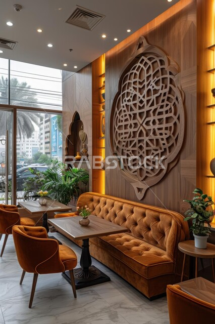 تصميم عصري حديث لمطعم وكافيه مع ديكور جدار خشبي مزخرف، تصاميم داخلية وديكورات متميزة في المملكة العربية السعودية, الفن الهندسي المعماري على الطراز الحديث، واجهات زجاجية ضخمة