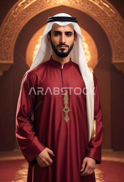  التقاط صور شخصية للوثائق الرسمية، مفهوم الاناقة والرجولة، بورتريه مقرب لشاب عربي خليجي سعودي مبتسم يرتدي الشماغ والثوب التقليدي ينظر الى الكاميرا بتعابير السرور والثقة بالنفس، الاعتناء والاهتمام بالمظهر الخارجي، أزياء سعودية تقليدية