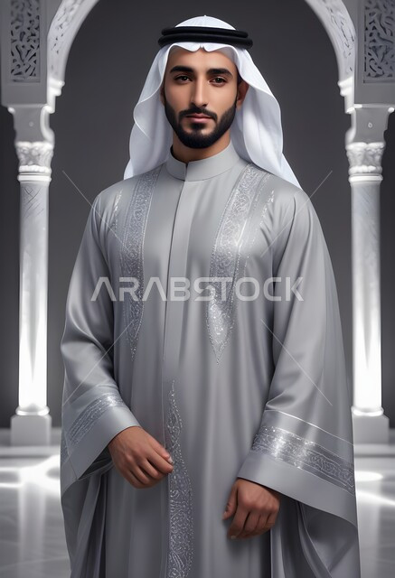 Taking care and attention to the external appearance, the concept of elegance and masculinity, taking personal photos for official documents, a close-up portrait of a smiling Saudi Gulf Arab young man wearing a shemagh and traditional dress, looking at the camera with expressions of pleasure and self-confidence, traditional Saudi fashion.