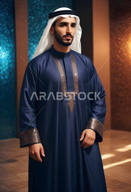 مفهوم الاناقة والرجولة، ألتقاط صور شخصية للوثائق الرسمية، بورتريه مقرب لشاب عربي خليجي سعودي مبتسم يرتدي الشماغ والثوب التقليدي ينظر الى الكاميرا بتعابير السرور والثقة بالنفس، الاعتناء والاهتمام بالمظهر الخارجي، أزياء سعودية تقليدية