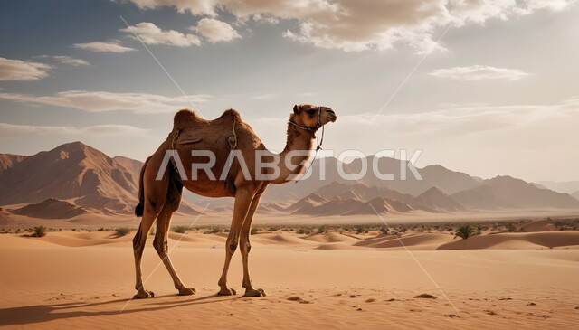 The concept of raising camels in the desert, a camel standing in one of the desert areas in the Kingdom of Saudi Arabia, using animals for transportation and travel, attention and care for mammals, soft golden sand, the view of white clouds in the sky