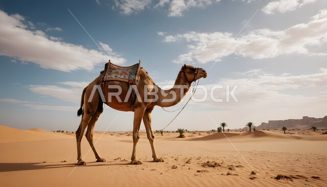 The concept of raising camels in the desert, a camel standing in one of the desert areas in the Kingdom of Saudi Arabia, using animals for transportation and travel, attention and care for mammals, soft golden sand, the view of white clouds in the sky