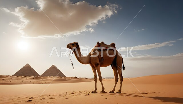 The concept of raising camels in the desert, a camel standing in one of the desert areas in the Kingdom of Saudi Arabia, using animals for transportation and travel, attention and care for mammals, soft golden sand, the view of white clouds in the sky