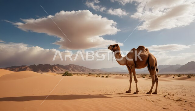 مفهوم تربية الناقة في البادية، حيوان الابل يقف في احدى المناطق الصحراوية في المملكة العربية السعودية، استخدام الحيوانات للتنقل والترحال، الاهتمام والعناية في الثدييات, الرمال الذهبية الناعمة، منظر الغيوم البيضاء في السماء