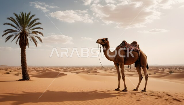 الاهتمام والعناية في الثدييات, مفهوم تربية الناقة في البادية، حيوان الابل يقف في احدى المناطق الصحراوية في المملكة العربية السعودية، استخدام الحيوانات للتنقل والترحال، الرمال الذهبية الناعمة، منظر اشجار النخيل و الغيوم البيضاء في السماء