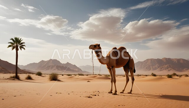 الاهتمام والعناية في الثدييات, مفهوم تربية الناقة في البادية، حيوان الابل يقف في احدى المناطق الصحراوية في المملكة العربية السعودية، استخدام الحيوانات للتنقل والترحال، الرمال الذهبية الناعمة، منظر اشجار النخيل و الغيوم البيضاء في السماء