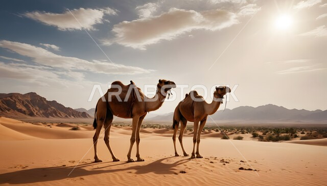 الاهتمام والعناية في الثدييات, مفهوم تربية الناقة في البادية، حيوانات الابل تقف في احدى المناطق الصحراوية في المملكة العربية السعودية، استخدام الحيوانات للتنقل والترحال، الرمال الذهبية الناعمة، منظر  الغيوم البيضاء في السماء