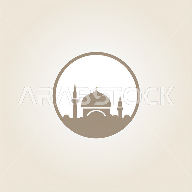 الفن الهندسي المعماري للمساجد, رموز وأيقونات دينية إسلامية، العبادة والتقرب إلى الله تعالى، رسم توضيحي ثلاثي الأبعاد لمسجد، تصاميم على الطراز العربي الإسلامي, خلفية بيج