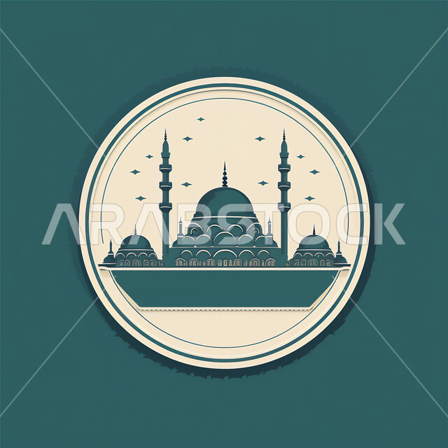تصاميم على الطراز العربي الإسلامي، الفن الهندسي المعماري للمساجد, رموز وأيقونات دينية إسلامية، العبادة والتقرب إلى الله تعالى، رسم توضيحي ثلاثي الأبعاد لمسجد, خلفية خضراء