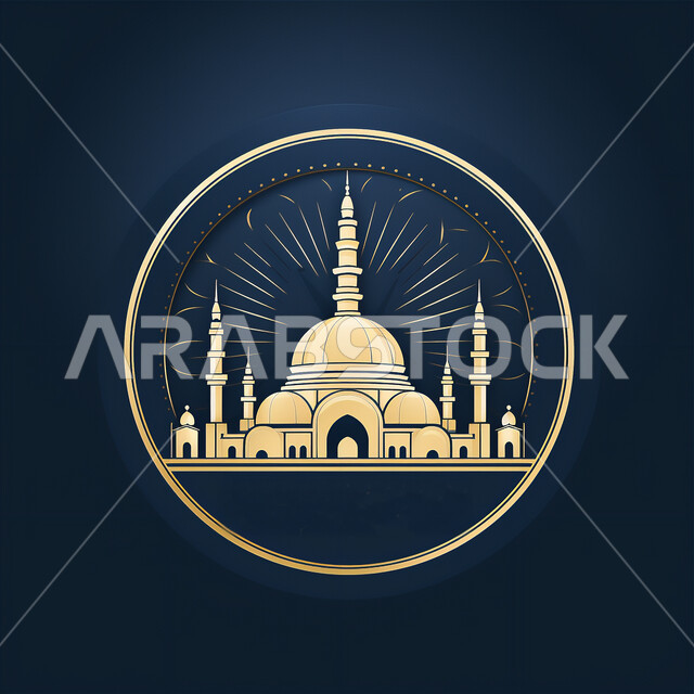رسم توضيحي ثلاثي الأبعاد لمسجد، تصاميم على الطراز العربي الإسلامي، الفن الهندسي المعماري للمساجد, رموز وأيقونات دينية إسلامية، العبادة والتقرب إلى الله تعالى, خلفية زرقاء