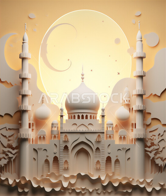 أماكن العبادة والتقرب إلى الله، أداء الفرائض والصلوات, تصاميم وديكورات متميزة على الطراز الإسلامي للقبب والمآذن, الفن الهندسي المعماري للمساجد، رسم ثلاثي الأبعاد لمسجد عربي فاخر، خلفيات دينية إسلامية