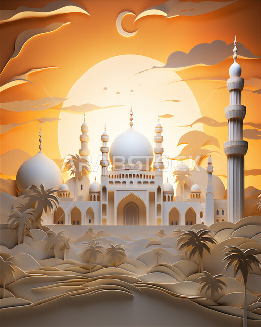 رسم ثلاثي الأبعاد لمسجد عربي فاخر، أماكن العبادة والتقرب إلى الله، أداء الفرائض والصلوات, تصاميم وديكورات متميزة على الطراز الإسلامي للقبب والمآذن, الفن الهندسي المعماري للمساجد، خلفيات دينية إسلامية