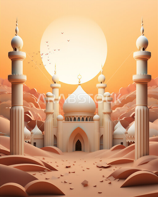 Architectural engineering art of mosques, a three-dimensional drawing of a luxurious Arab mosque, places of worship and getting closer to God, performing obligatory prayers and prayers, distinct designs and decorations in the Islamic style for domes and minarets, Islamic religious backgrounds