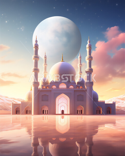 تصاميم قبب و مآذن المساجد على الطراز العربي القديم, أماكن و معالم دينية إسلامية مقدسة, أداء فرائض و صلوات الدين الإسلامي, رسم ثلاثي الأبعاد لمسجد عربي فاخر, خلفية القمر في السماء